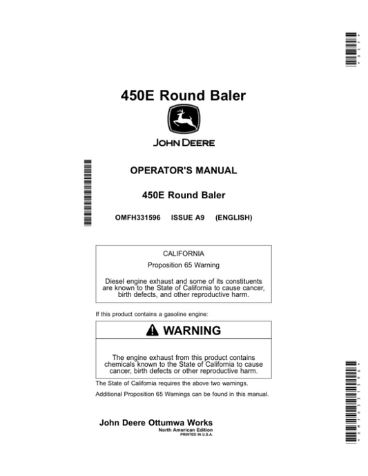 John Deere 450E Round Baler Operator’s Manual (OMFH331596) Workshop Guide