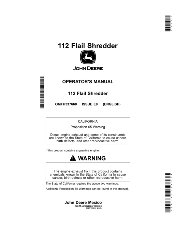 John Deere 112 Flail Shredder Operator’s Manual (OMFH337660) Workshop Guide