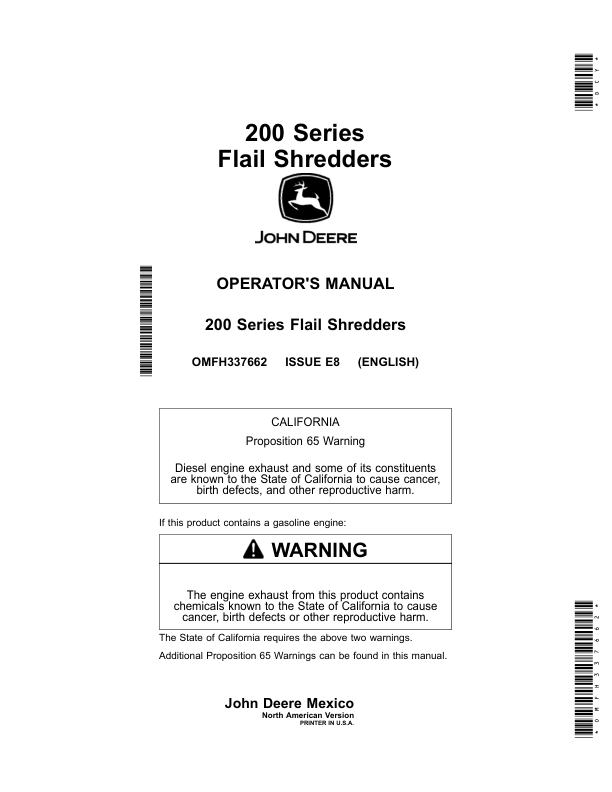 John Deere 200 Series Flail Shredders Operator’s Manual (OMFH337662) Workshop Guide