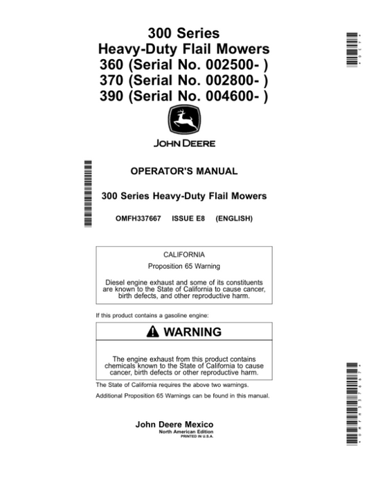 John Deere 300 Series Heavy-Duty Flail Mowers 360, 370 & 390 Operator’s Manual (OMFH337667) Workshop Guide