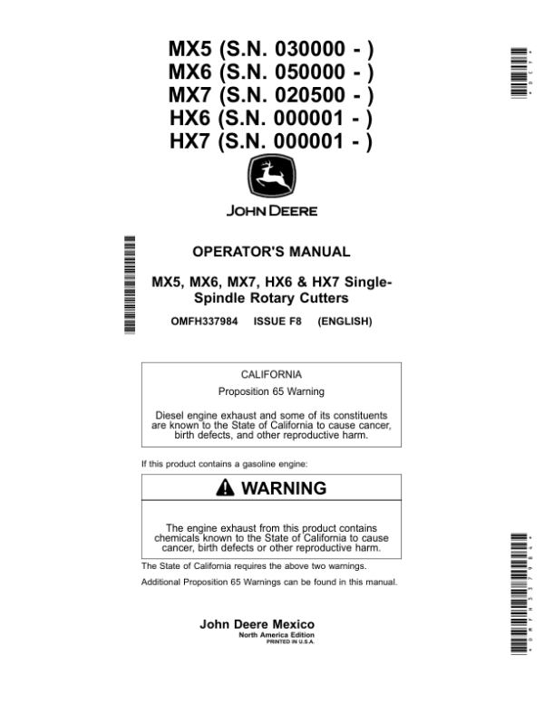 John Deere HX6, HX7, MX5, MX6 & MX7 Single-Spindle Rotary Cutters Operator’s Manual (OMFH337984) Workshop Guide
