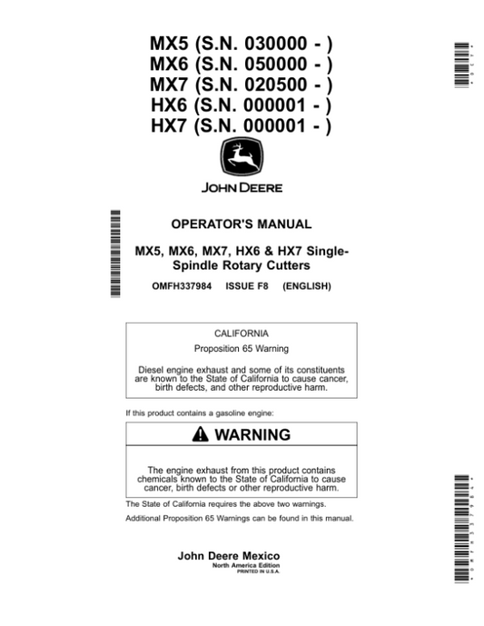 John Deere HX6, HX7, MX5, MX6 & MX7 Single-Spindle Rotary Cutters Operator’s Manual (OMFH337984) Workshop Guide