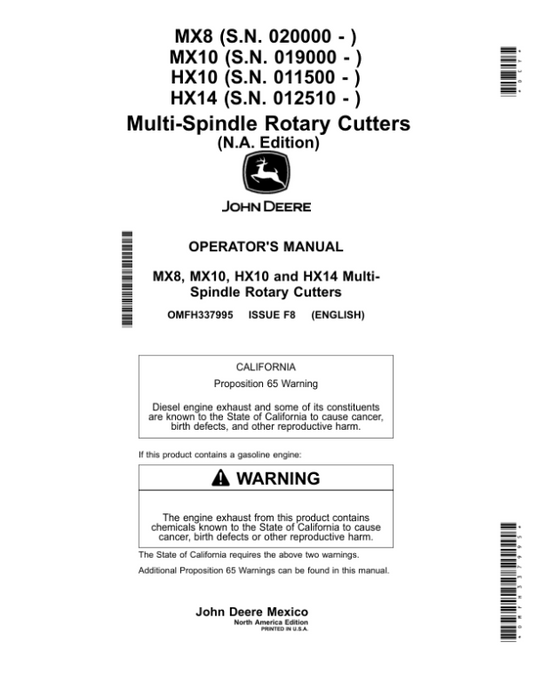 John Deere HX10, HX14, MX8 & MX10 Multi-Spindle Rotary Cutters Operator’s Manual (OMFH337995) Workshop Guide