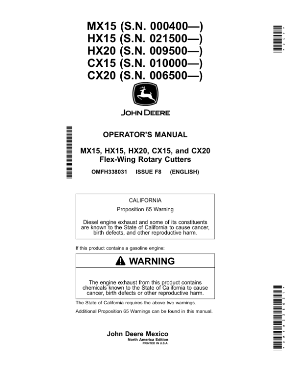 John Deere CX15, CX20, HX15, HX20 & MX15 Flex-Wing Rotary Cutters Operator’s Manual (OMFH338031) Workshop Guide