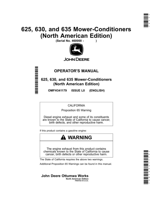 John Deere 625, 630, 635 Mower-Conditioners (460000-) Operator’s Manual (OMFH341179) Workshop Guide