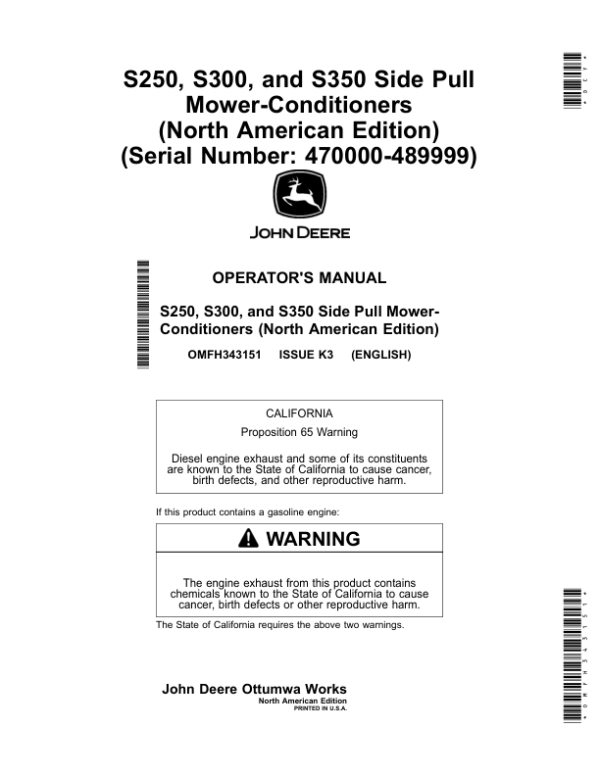 John Deere S250, S300, S350 Side Pull Mower-Conditioners (470000-489999) (North American) Operator’s Manual (OMFH343151) Workshop Guide