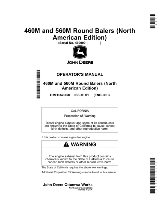 John Deere 460M, 560M Round BalersM (460000-) (North American) Operator’s Manual (OMFH343750) Workshop Guide