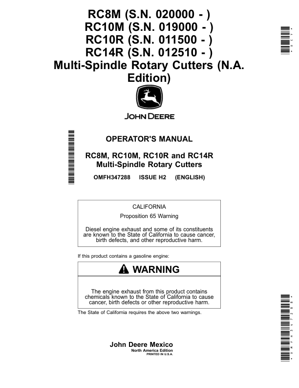 John Deere RC8M (020000-), RC10M (019000-), RC10R (011500-), RC14R (012510-) Multi-Spindle Rotary Cutters (North America Edition) Operator’s Manual (OMFH347288) Workshop Guide