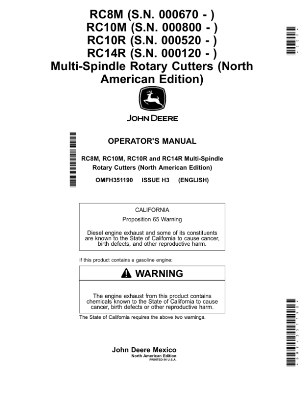John Deere RC8M (000670-), RC10M (000800-), RC10R (000520-), RC14R (000120-) Multi-Spindle Rotary Cutters (North American) Operator’s Manual (OMFH351190) Workshop Guide