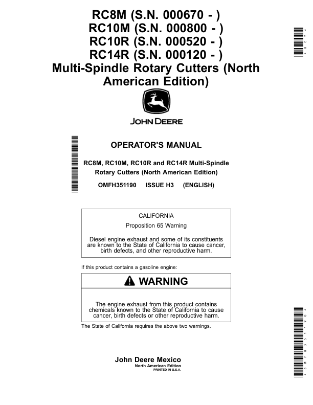 John Deere RC8M (000670-), RC10M (000800-), RC10R (000520-), RC14R (000120-) Multi-Spindle Rotary Cutters (North American) Operator’s Manual (OMFH351190) Workshop Guide