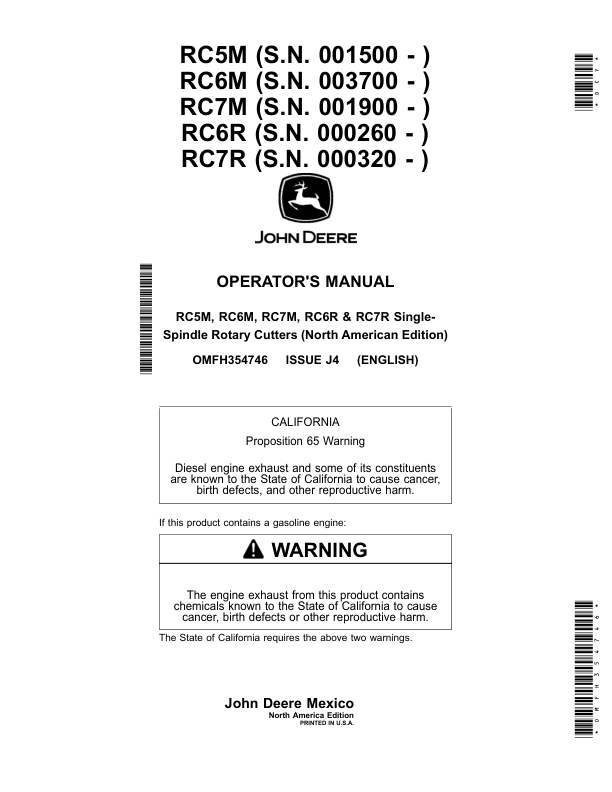 John Deere RC5M, RC6M, RC7M, RC6R & RC7R Single- Spindle Rotary Cutters (North American) Operator’s Manual (OMFH354746) Workshop Guide