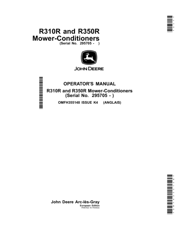 John Deere R310R, R350R Mower-Conditioner Operator’s Manual (OMFH355148) Workshop Guide