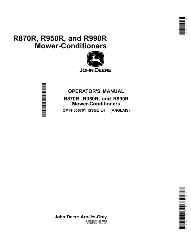 John Deere R870R, R950R, R990R Mower-Conditioners Operator’s Manual (OMFH355701) Workshop Guide