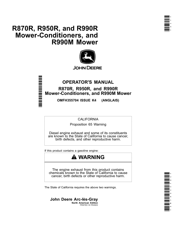 John Deere R870R, R950R, R990R Mower-Conditioners, R990M Mower Operator’s Manual (OMFH355704) Workshop Guide