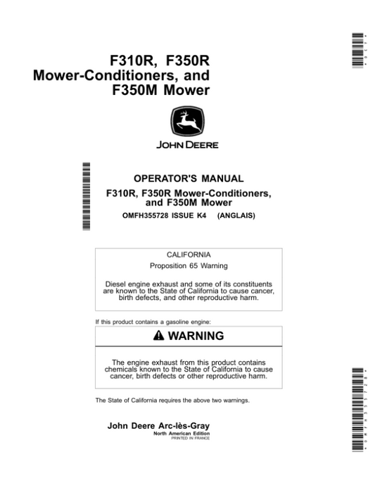 John Deere F310R, F350R Mower-Conditioners, F350M Mower Operator’s Manual (OMFH355728) Workshop Guide