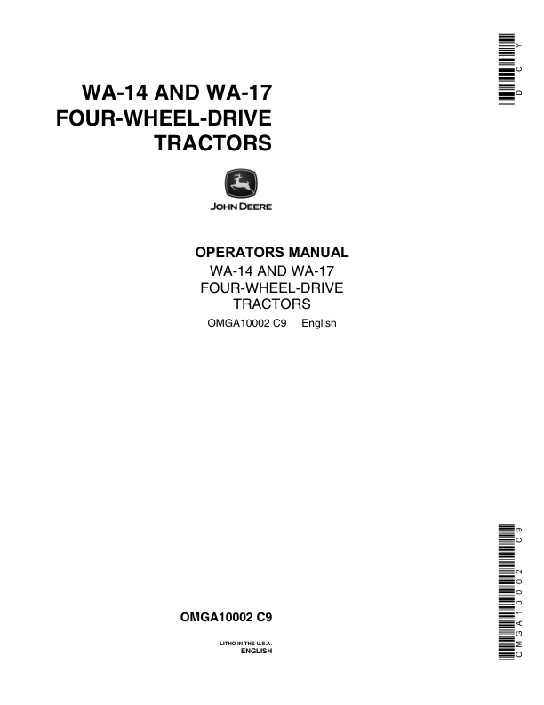 John Deere WA14, WA17 Wheel-Drive Tractors Operator’s Manual (OMGA10002) Workshop Guide