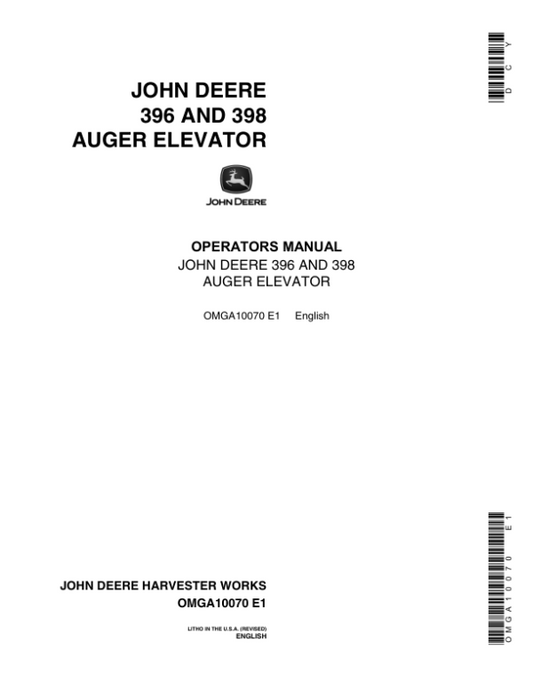 John Deere 396, 398 Auger Elevator Operator’s Manual (OMGA10070) Workshop Guide