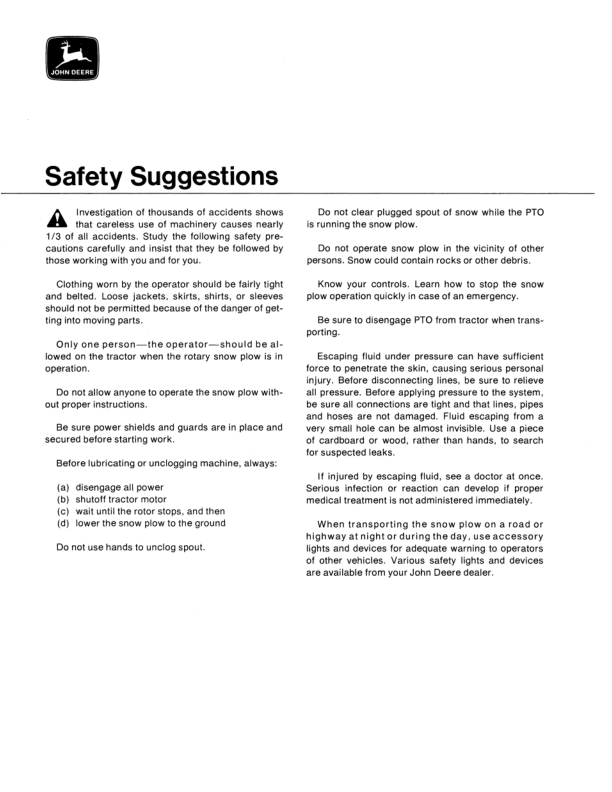 John Deere 280 Rotary Snow Plow Operator’s Manual (OMGA10234) Workshop Guide