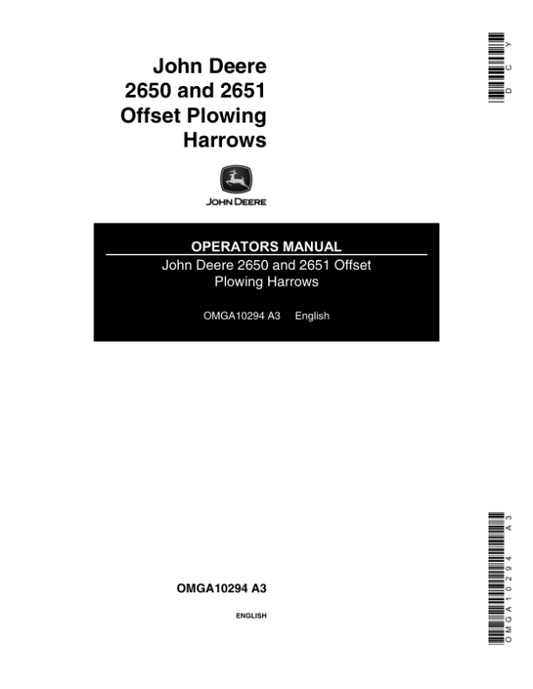 John Deere 2650, 2651 Offset Harrows Operator’s Manual (OMGA10294) Workshop Guide