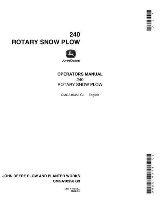 John Deere 240 Rotary Snow Plow Operator’s Manual (OMGA10358) Workshop Guide