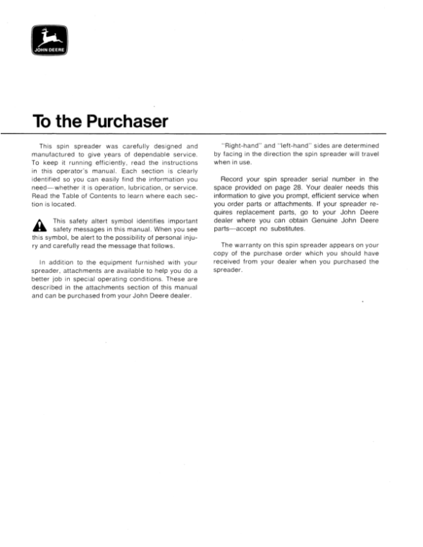 John Deere 605 Spin Spreader Operator’s Manual (OMGA10400) Workshop Guide