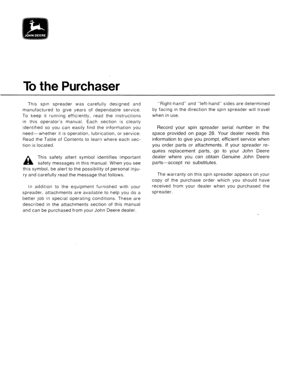 John Deere 605 Spin Spreader Operator’s Manual (OMGA10400) Workshop Guide