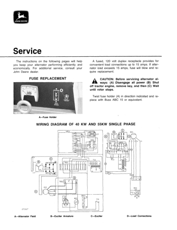 John Deere 40K, 55K PTO Standby Alternators Operator’s Manual (OMGA10434) Workshop Guide