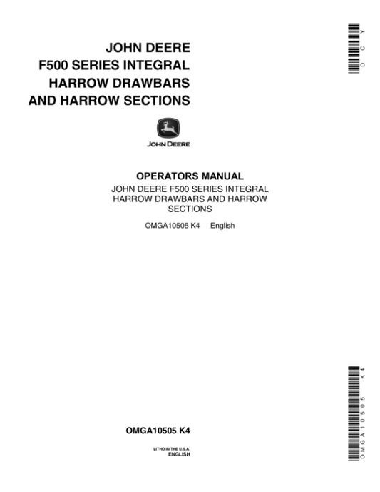 John Deere 500 Series Integral Harrow Drawbars & Sections Operator’s Manual (OMGA10505) Workshop Guide