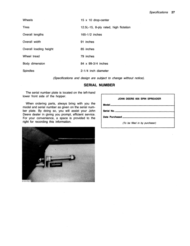 John Deere 605 Spin Spreader Operator’s Manual (OMGA11164) Workshop Guide