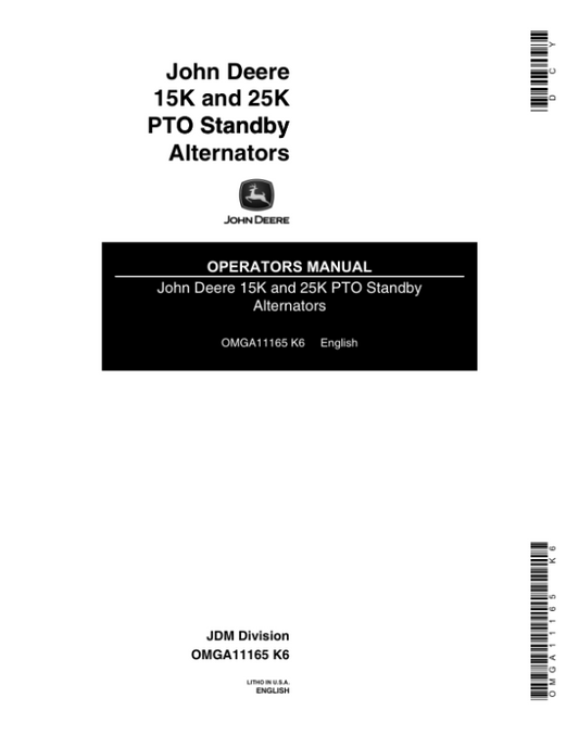 John Deere 15K, 25K PTO Standby Alternators Operator’s Manual (OMGA11165) Workshop Guide