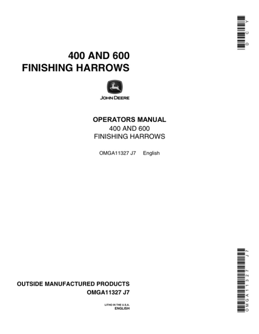 John Deere 400, 600 Finishing Harrows Operator’s Manual (OMGA11327) Workshop Guide