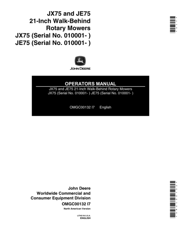 John Deere JX75(010001-), JE75(010001-), 21-Inch Walk-Behind Rotary Mowers Operator’s Manual (OMGC00132) Workshop Guide