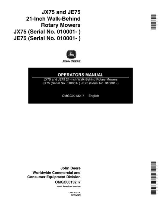 John Deere JX75(010001-), JE75(010001-), 21-Inch Walk-Behind Rotary Mowers Operator’s Manual (OMGC00132) Workshop Guide