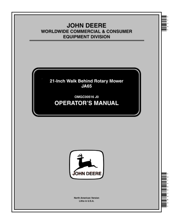John Deere JA65 21-Inch Walk Behind Rotary Mower (100001-) Operator’s Manual (OMGC00516) Workshop Guide