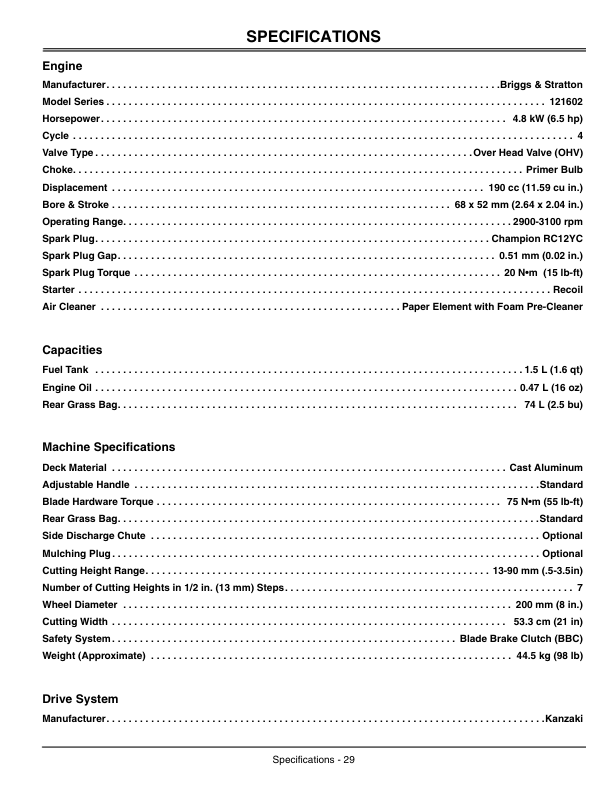 John Deere JA65 21-Inch Walk Behind Rotary Mower (100001-) Operator’s Manual (OMGC00516) Workshop Guide