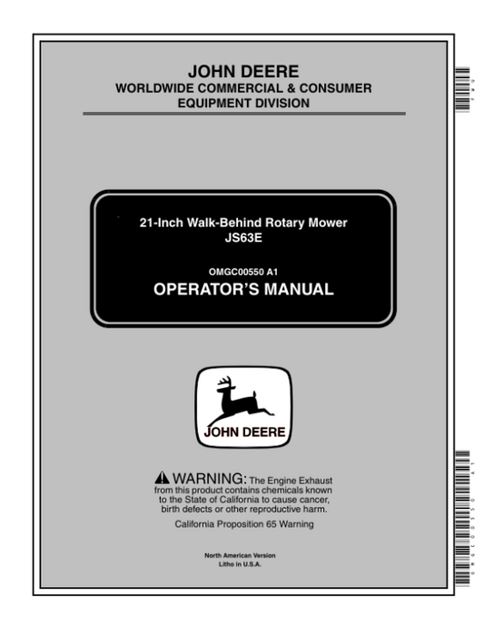 John Deere JS63E 21-Inch Walk-Behind Rotary Mower (100001-) Operator’s Manual (OMGC00550) Workshop Guide