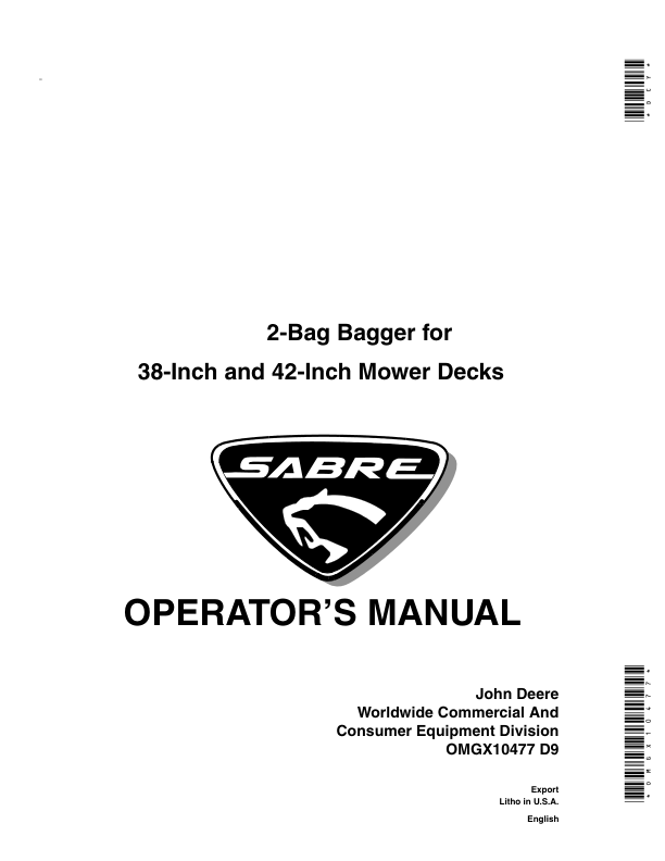 John Deere 2-Bag Sabre Bagger 38-Inch & 42-Inch Mower Decks Operator’s Manual (OMGX10477) Workshop Guide