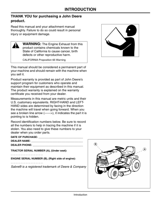 John Deere Sabre Lawn Tractors 1438GS, 1438HS, 1538HS, 1542HS, 1642HS, 1646HS, 1846HV & 1846HMS (010001-020000) Operator’s Manual (OMGX10485) Workshop Guide