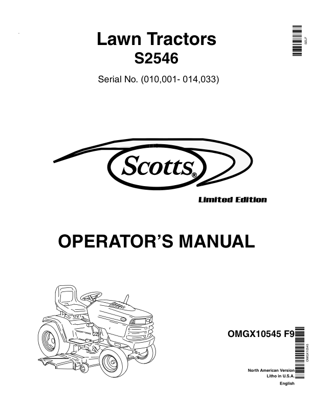 John Deere S2546 Scotts Lawn Tractors Operator’s Manual (OMGX10545) Workshop Guide