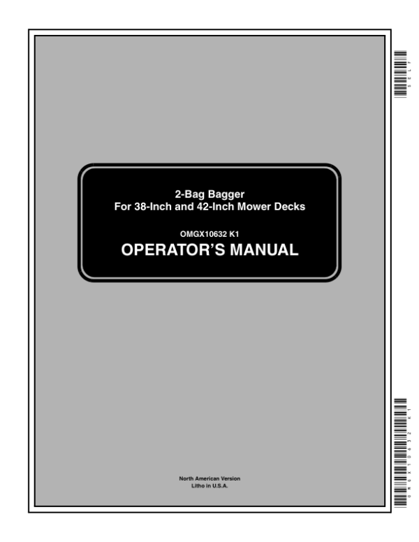 John Deere 2-Bag Sabre Bagger 38-Inch & 42-Inch Mower Decks Operator’s Manual (OMGX10632) Workshop Guide