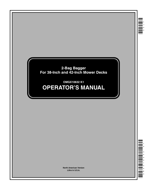 John Deere 2-Bag Sabre Bagger 38-Inch & 42-Inch Mower Decks Operator’s Manual (OMGX10632) Workshop Guide