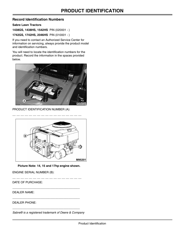John Deere 1438GS, 1438HS, 1542HS (020001-) 1742GS, 1742HS, 2046HS (010001-) Sabre Lawn Tractors Operator’s Manual (OMGX10782) Workshop Guide