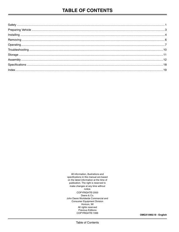 John Deere 46 Inch Snow Blade (010001-) Operator’s Manual (OMGX10902) Workshop Guide