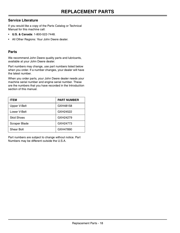 John Deere 42 Inch Snow Blower (010001-) Operator’s Manual (OMGX10988) Workshop Guide
