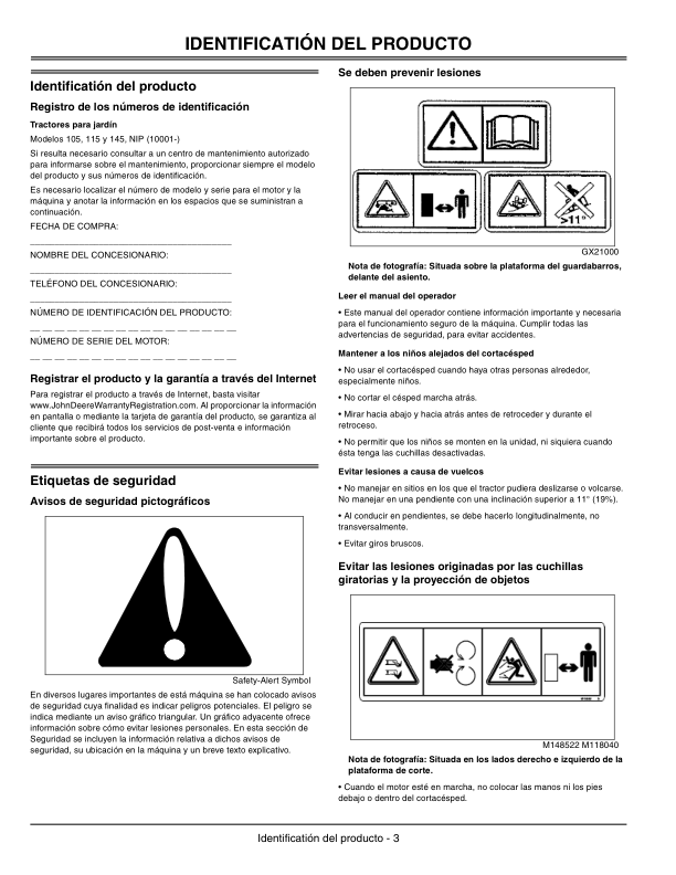 John Deere 102, 115, 125, 135, 145, 155C & 190C Lawn & Garden Tractors (Includes LT) Export Edition (010001- ) Operator’s Manual (OMGX22083) Workshop Guide