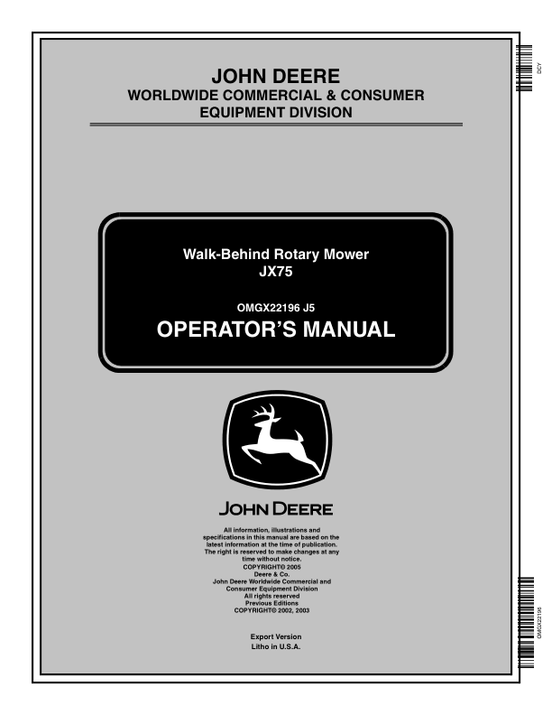 John Deere JX75 21 Inch Walk-Behind Mower Operator’s Manual (OMGX22196) Workshop Guide