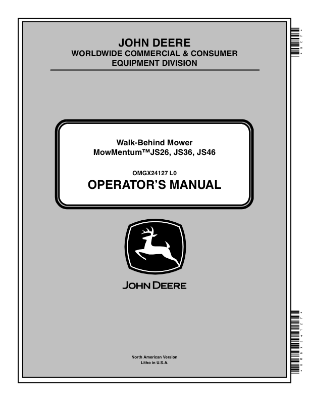 John Deere Walk-Behind Mower – JS26, JS36, JS46 (500001-) Operator’s Manual (OMGX24127) Workshop Guide