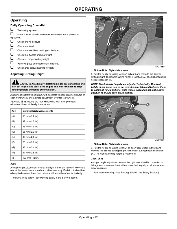 John Deere Walk-Behind Mower – JS26, JS36, JS46 (500001-) Operator’s Manual (OMGX24127) Workshop Guide