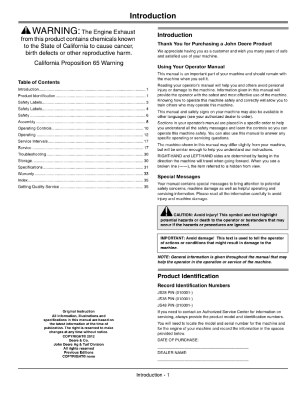 John Deere Walk-Behind Mower – JS28, JS38, JS48 (010001-) Operator’s Manual (OMGX24373) Workshop Guide