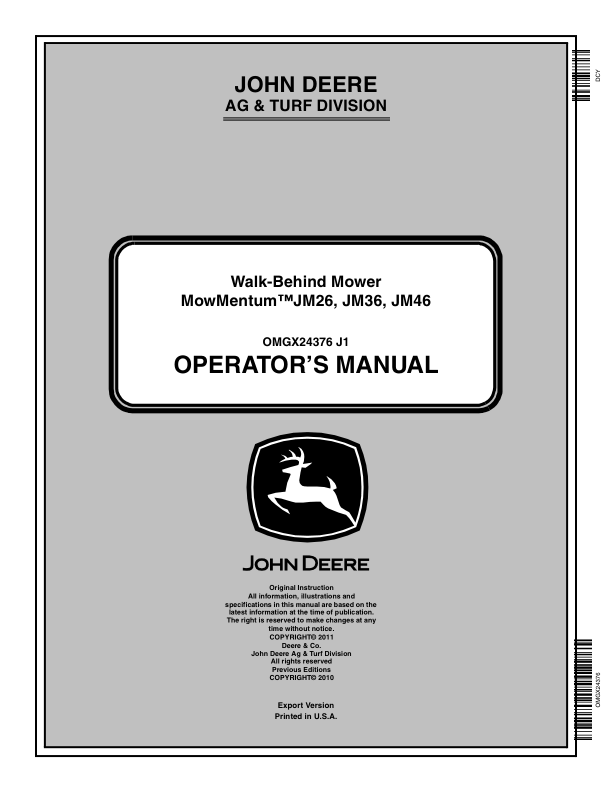 John Deere Walk-Behind Mower – JM26, JM36, JM46 (150001-) Operator’s Manual (OMGX24376) Workshop Guide